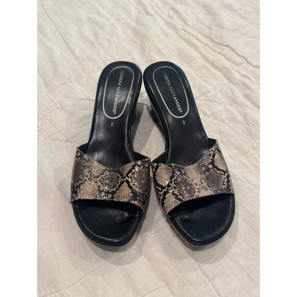 Athena Alexander Womens 8 Black Faux Snakeskin Platform Wedge Slide Sandals
